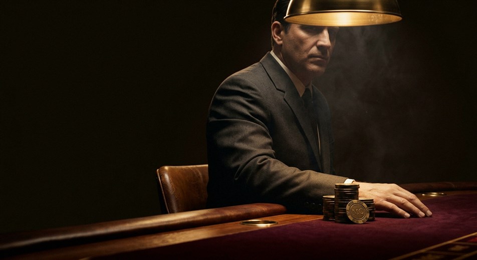 Casino chips and playing cards on dark surface